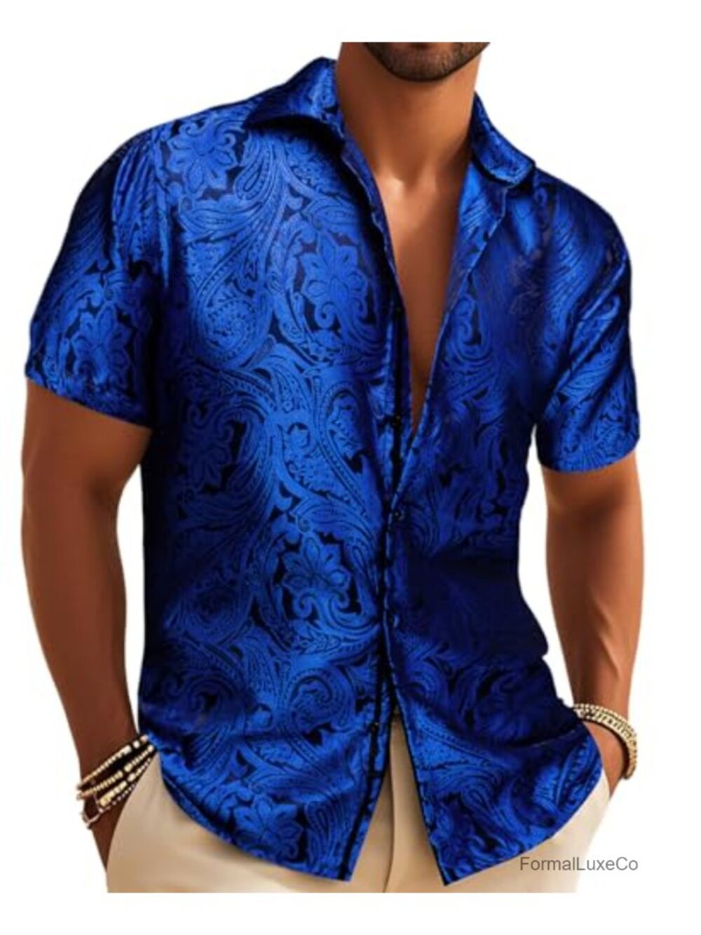 Men's Paisley Short Sleeve Button Down Shirt Polyester Silk Blend Jacquard Party